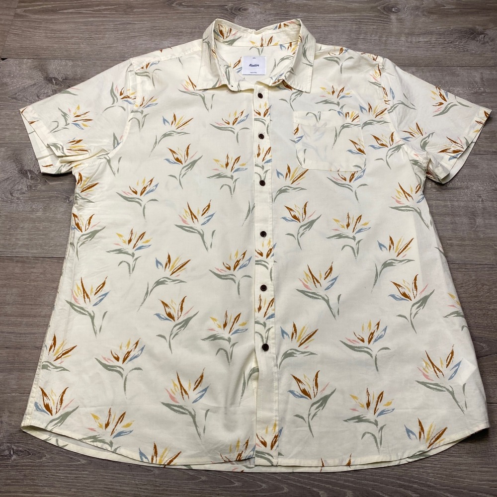Katin Button Down Shirt Mens XXL White Floral Bird of Paradise Casual Summer